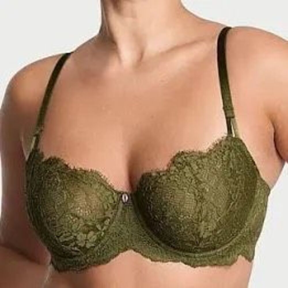 Victorias Secret Dream Angels Wicked Olive Green Unlined Lace Balconette Bra 32D